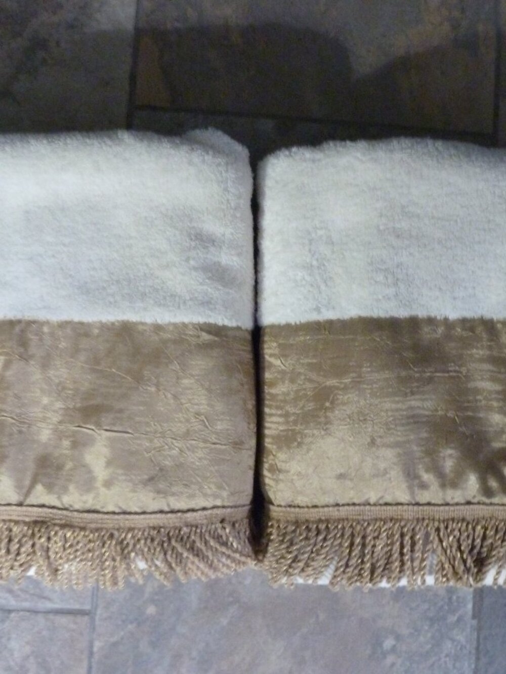 2 Croscill Home Creme Sateen Fabric EMBELLISHED Gold Fringe BATH TOWELS